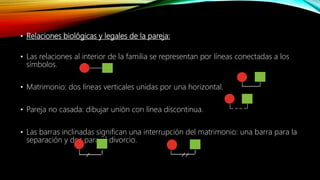 • Relaciones biológicas y legales de la pareja:
• Las relaciones al interior de la familia se representan por líneas conectadas a los
símbolos.
• Matrimonio: dos líneas verticales unidas por una horizontal.
• Pareja no casada: dibujar unión con línea discontinua.
• Las barras inclinadas significan una interrupción del matrimonio: una barra para la
separación y dos para el divorcio.
 