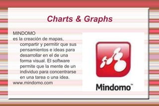 Charts & GraphsMINDOMOes la creación de mapas, compartir y permitir que sus pensamientos e ideas para desarrollar en el de una forma visual. El software permite que la mente de un individuo para concentrarse en una tarea o una idea.www.mindomo.com