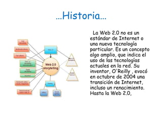 … Historia… La Web 2.0 no es un estándar de Internet o una nueva tecnología particular. Es un concepto algo amplio, que indica el uso de las tecnologías actuales en la red. Su inventor, O'Reilly , evocó en octubre de 2004 una transición de Internet, incluso un renacimiento. Hasta la Web 2.0,  