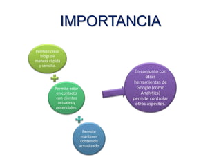 IMPORTANCIA
Permite crear
blogs de
manera rápida
y sencilla.

En conjunto con
otras
herramientas de
Google (como
Analytics)
permite controlar
otros aspectos.

Permite estar
en contacto
con clientes
actuales y
potenciales.

Permite
mantener
contenido
actualizado

 