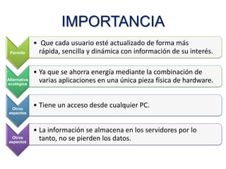 IMPORTANCIA
Permite

• Que cada usuario esté actualizado de forma más
rápida, sencilla y dinámica con información de su interés.

Alternativa
ecológica

• Ya que se ahorra energía mediante la combinación de
varias aplicaciones en una única pieza física de hardware.

Otros
aspectos

Otros
aspectos

• Tiene un acceso desde cualquier PC.
• La información se almacena en los servidores por lo
tanto, no se pierden los datos.

 