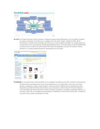 .
Scribd Con iPaper del lector de documentos, cualquiera puede cargar fácilmente y de inmediato compartir
sus obras originales en Scribd.com o cualquier otro sitio web. iPaper transforma PDF, Word,
PowerPoint y muchos otros formatos de archivo en un sitio elegante pantalla. Su trabajo puede ser
compartido con la comunidad de Scribd apasionados lectores, y porque cada una de las palabras de
su documento se indiza a la optimización del motor de búsqueda, su guión, la novela o incluso
partituras y recetas también puede ser descubierto por el mundo.
Scrapblog es una aplicación en línea gratuita muy completa y sencilla que permite combinar diversos tipos
de elementos multimedia para crear una presentación o un simple póster. Permite incluir fotos
propias, imágenes y videos, elegir fondos y música de fondo, determinar las transiciones entre
diapositivas, añadir elementos decorativos a las creaciones, incluir textos en forma de rótulos o
como bocadillos de texto a las fotos, editar las fotos (recortarlas, corregirlas, aplicarles efectos…) y
muchas cosas más. El resultado se puede bajar al ordenador en forma de archivos JPG, incluirlo en
una web o bien puede visualizarse en línea.
 