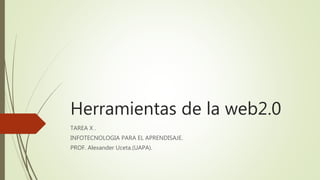 Herramientas de la web2.0
TAREA X .
INFOTECNOLOGIA PARA EL APRENDISAJE.
PROF. Alexander Uceta.(UAPA).
 