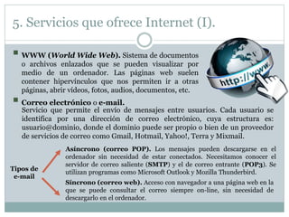 5. Servicios que ofrece Internet (I).
 WWW (World Wide Web). Sistema de documentos
o archivos enlazados que se pueden visualizar por
medio de un ordenador. Las páginas web suelen
contener hipervínculos que nos permiten ir a otras
páginas, abrir vídeos, fotos, audios, documentos, etc.
 Correo electrónico o e-mail.
Servicio que permite el envío de mensajes entre usuarios. Cada usuario se
identifica por una dirección de correo electrónico, cuya estructura es:
usuario@dominio, donde el dominio puede ser propio o bien de un proveedor
de servicios de correo como Gmail, Hotmail, Yahoo!, Terra y Mixmail.
Tipos de
e-mail
Asíncrono (correo POP). Los mensajes pueden descargarse en el
ordenador sin necesidad de estar conectados. Necesitamos conocer el
servidor de correo saliente (SMTP) y el de correo entrante (POP3). Se
utilizan programas como Microsoft Outlook y Mozilla Thunderbird.
Síncrono (correo web). Acceso con navegador a una página web en la
que se puede consultar el correo siempre on-line, sin necesidad de
descargarlo en el ordenador.
 