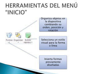 Organiza objetos en
la diapositiva
cambiando su
orden, posición y
rotación
Selecciona un estilo
visual para la forma
o línea
Inserta formas
previamente
diseñadas
 