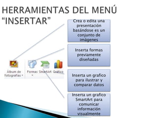 Crea o edita una
presentación
basándose es un
conjunto de
imágenes
Inserta un grafico
SmartArt para
comunicar
información
visualmente
Inserta un grafico
para ilustrar y
comparar datos
Inserta formas
previamente
diseñadas
 