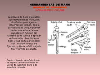 HERRAMIENTAS DE MANO
NORMAS DE SEGURIDAD
LLAVES DE BOCA AJUSTABLE
Las llaves de boca ajustables
son herramientas manuales
diseñadas para ejercer
esfuerzos de torsión, con la
particularidad de que pueden
variar la abertura de sus
quijadas en función del
tamaño de la tuerca a apretar
o desapretar. Los distintos
tipos y sus partes principales
son: mango, tuerca de
fijación, quijada móvil, quijada
fija y tornillo de ajuste.
Según el tipo de superficie donde
se vayan a utilizar se dividen en
Llaves de superficie plana o de
superficie redonda.
 