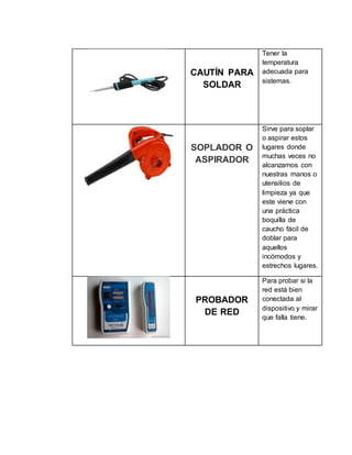 CAUTÍN PARA
SOLDAR
Tener la
temperatura
adecuada para
sistemas.
SOPLADOR O
ASPIRADOR
Sirve para soplar
o aspirar estos
lugares donde
muchas veces no
alcanzamos con
nuestras manos o
utensilios de
limpieza ya que
este viene con
una práctica
boquilla de
caucho fácil de
doblar para
aquellos
incómodos y
estrechos lugares.
PROBADOR
DE RED
Para probar si la
red está bien
conectada al
dispositivo y mirar
que falla tiene.
 