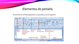Elementos de pestaña
Al arrancar con el Word aparecerá una pantalla como la siguiente
 