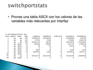 • Provee una tabla ASCII con los valores de las
variables más relevantes por interfaz
# switchportstats sw1
Port Admin  Oper   Mbs     InUpkts   InNUpkts   InErrors    OutUpkts   OutNUpkts
  1     up    up   100    31865539   36044466          0    23569440      224780
  2     up    up   100       17742       9168          0      174581     1364722
  3     up    up   100    22225470      46703          0    10525934    17436432
  4     up  down    10      196348      28687          0      651716     3728124
  5     up  down    10          78         25          0       15436         758
  6     up  down    10           0          0          0           0           0
  7     up  down    10        6580         19          0        6596        2059
  8     up  down    10     1029510       6285         13     2078635     1091331
 92     up  down     0           0          0          0           0           0
 93     up    up     0    55341274   36135353         13    37022345    23848206
 94     up  down     0           0          0          0           0           0
 