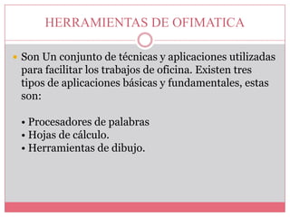 HERRAMIENTAS DE OFIMATICA
 Son Un conjunto de técnicas y aplicaciones utilizadas

para facilitar los trabajos de oficina. Existen tres
tipos de aplicaciones básicas y fundamentales, estas
son:

• Procesadores de palabras
• Hojas de cálculo.
• Herramientas de dibujo.

 