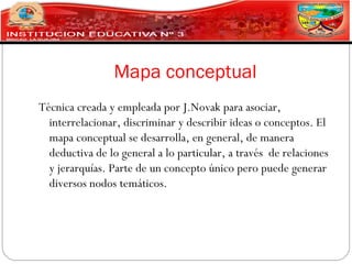 Mapa conceptual
Técnica creada y empleada por J.Novak para asociar,
  interrelacionar, discriminar y describir ideas o conceptos. El
  mapa conceptual se desarrolla, en general, de manera
  deductiva de lo general a lo particular, a través de relaciones
  y jerarquías. Parte de un concepto único pero puede generar
  diversos nodos temáticos.
 