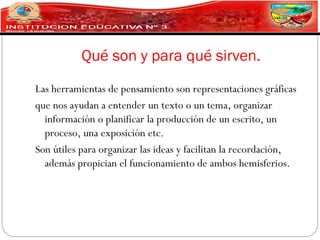 Qué son y para qué sirven.
Las herramientas de pensamiento son representaciones gráficas
que nos ayudan a entender un texto o un tema, organizar
  información o planificar la producción de un escrito, un
  proceso, una exposición etc.
Son útiles para organizar las ideas y facilitan la recordación,
  además propician el funcionamiento de ambos hemisferios.
 