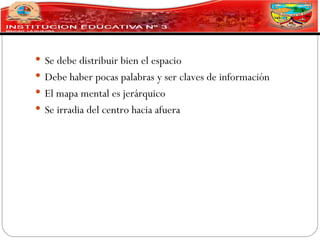  Se debe distribuir bien el espacio
 Debe haber pocas palabras y ser claves de información
 El mapa mental es jerárquico
 Se irradia del centro hacia afuera
 