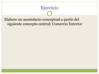 Ejercicio

Elabore un mentefacto conceptual a partir del
  siguiente concepto central: Comercio Exterior
 
