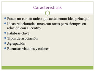Características

Posee un centro único que actúa como idea principal
Ideas relacionadas unas con otras pero siempre en
 relación con el centro.
Palabras clave
Tipos de asociación
Agrupación
Recursos visuales y colores
 