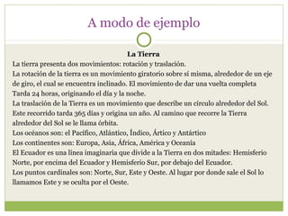 A modo de ejemplo

                                        La Tierra
La tierra presenta dos movimientos: rotación y traslación.
La rotación de la tierra es un movimiento giratorio sobre sí misma, alrededor de un eje
de giro, el cual se encuentra inclinado. El movimiento de dar una vuelta completa
Tarda 24 horas, originando el día y la noche.
La traslación de la Tierra es un movimiento que describe un círculo alrededor del Sol.
Este recorrido tarda 365 días y origina un año. Al camino que recorre la Tierra
alrededor del Sol se le llama órbita.
Los océanos son: el Pacífico, Atlántico, Índico, Ártico y Antártico
Los continentes son: Europa, Asia, África, América y Oceanía
El Ecuador es una línea imaginaria que divide a la Tierra en dos mitades: Hemisferio
Norte, por encima del Ecuador y Hemisferio Sur, por debajo del Ecuador.
Los puntos cardinales son: Norte, Sur, Este y Oeste. Al lugar por donde sale el Sol lo
llamamos Este y se oculta por el Oeste.
 