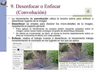 9. Desenfocar o Enfocar
(Convolución)
 La herramienta de convolución utiliza la brocha activa para enfocar o
desenfocar lugares de la imagen
 Desenfocar se emplea para disolver los micro-detalles de la imagen,
respetando el aspecto general.
 Para aplicar la herramienta se arrastra (botón izquierdo pulsado) sobre la
imagen varias veces hasta conseguir el grado de desenfoque deseado.
 Su efecto es incremental, es decir, al mover la brocha repetidamente sobre un
área se incrementa el efecto con cada pasada.
 Enfocar, realiza el trabajo inverso a desenfocar, la herramienta trabaja
incrementando el contraste en los lugares en los que se aplica.
 