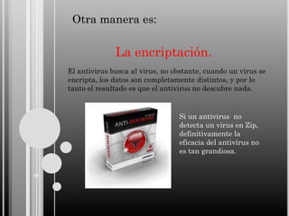 Otra manera es:

La encriptación.
El antivirus busca al virus, no obstante, cuando un virus se
encripta, los datos son completamente distintos, y por lo
tanto el resultado es que el antivirus no descubre nada.

Si un antivirus no
detecta un virus en Zip,
definitivamente la
eficacia del antivirus no
es tan grandiosa.

 