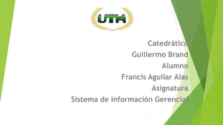 Catedrático
Guillermo Brand
Alumno
Francis Aguilar Alas
Asignatura
Sistema de información Gerencial
 