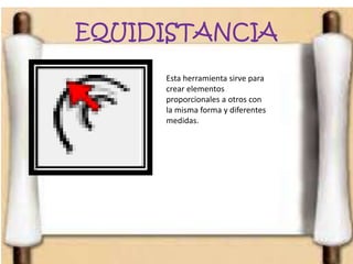 EQUIDISTANCIA
Esta herramienta sirve para
crear elementos
proporcionales a otros con
la misma forma y diferentes
medidas.
 