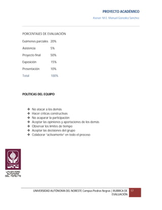 PROYECTO ACADÉMICO
                                                    Asesor: M.E. Manuel González Sánchez




PORCENTAJES DE EVALUACIÓN

Exámenes parciales 20%

Asistencia           5%

Proyecto final       50%

Exposición           15%

Presentación         10%

Total                100%




POLÍTICAS DEL EQUIPO



       No atacar a los demás
       Hacer críticas constructivas
       No acaparar la participación
       Aceptar las opiniones y aportaciones de los demás
       Observar los límites de tiempo
       Aceptar las decisiones del grupo
       Colaborar “activamente” en todo el proceso




        UNIVERSIDAD AUTÓNOMA DEL NORESTE Campus Piedras Negras | RUBRICA DE      17
                                                                EVALUACIÓN
 