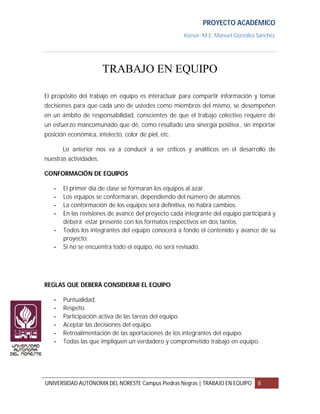 PROYECTO ACADÉMICO
                                                     Asesor: M.E. Manuel González Sánchez




                        TRABAJO EN EQUIPO

El propósito del trabajo en equipo es interactuar para compartir información y tomar
decisiones para que cada uno de ustedes como miembros del mismo, se desempeñen
en un ámbito de responsabilidad, conscientes de que el trabajo colectivo requiere de
un esfuerzo mancomunado que dé, como resultado una sinergia positiva., sin importar
posición económica, intelecto, color de piel, etc.

       Lo anterior nos va a conducir a ser críticos y analíticos en el desarrollo de
nuestras actividades.

CONFORMACIÓN DE EQUIPOS

   -   El primer día de clase se formaran los equipos al azar.
   -   Los equipos se conformaran, dependiendo del número de alumnos.
   -   La conformación de los equipos será definitiva, no habrá cambios.
   -   En las revisiones de avance del proyecto cada integrante del equipo participará y
       deberá estar presente con los formatos respectivos en dos tantos.
   -   Todos los integrantes del equipo conocerá a fondo el contenido y avance de su
       proyecto.
   -   Si no se encuentra todo el equipo, no será revisado.




REGLAS QUE DEBERÁ CONSIDERAR EL EQUIPO

   -   Puntualidad.
   -   Respeto.
   -   Participación activa de las tareas del equipo.
   -   Aceptar las decisiones del equipo.
   -   Retroalimentación de las aportaciones de los integrantes del equipo.
   -   Todas las que impliquen un verdadero y comprometido trabajo en equipo.




UNIVERSIDAD AUTÓNOMA DEL NORESTE Campus Piedras Negras | TRABAJO EN EQUIPO        8
 