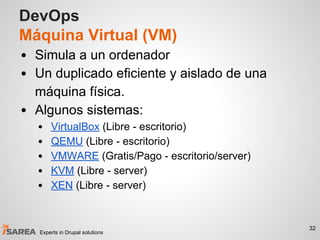DevOps
Máquina Virtual (VM)
• Simula a un ordenador
• Un duplicado eficiente y aislado de una
máquina física.
• Algunos si...