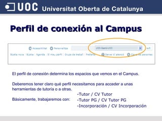 El perfil de conexión determina los espacios que vemos en el Campus. Deberemos tener claro qué perfil necesitamos para acceder a unas herramientas de tutoría o a otras. Básicamente, trabajaremos con: Perfil de conexión al Campus -Tutor / CV Tutor -Tutor PG / CV Tutor PG -Incorporación / CV Incorporación 