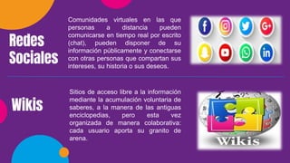 Redes
Sociales
Wikis
Sitios de acceso libre a la información
mediante la acumulación voluntaria de
saberes, a la manera de las antiguas
enciclopedias, pero esta vez
organizada de manera colaborativa:
cada usuario aporta su granito de
arena.
Comunidades virtuales en las que
personas a distancia pueden
comunicarse en tiempo real por escrito
(chat), pueden disponer de su
información públicamente y conectarse
con otras personas que compartan sus
intereses, su historia o sus deseos.
 