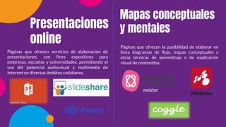 Presentaciones
online Páginas que ofrecen la posibilidad de elaborar en
línea diagramas de flujo, mapas conceptuales y
otras técnicas de aprendizaje o de explicación
visual de contenidos.
Páginas que ofrecen servicios de elaboración de
presentaciones, con fines expositivos para
empresas, escuelas y universidades, permitiendo el
uso del potencial audiovisual y multimedia de
Internet en diversos ámbitos cotidianos.
Mapas conceptuales
y mentales
 