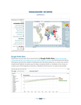 VISUALIZACIÓN DE DATOS
                                         capítulo 8




Google Public Data
GapMinder anunció este año el lanzamiento de Google Public Data, http://www.google.
com/publicdata?ds=wb-wdi&met=sp_dyn_le00_in&idim=country, una herramienta por demás
interesante, que permite analizar la expectativa de vida entre países de un modo muy sencillo,
simplemente tildando los países que se desea comparar, dando un resultado como el que se
muestra para Chile, Argentina, Colombia y República Dominicana en la captura de pantalla:




                                      • • • 163 • • •
 