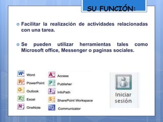 SU FUNCIÓN:
 Facilitar la realización de actividades relacionadas
con una tarea.
 Se pueden utilizar herramientas tales como
Microsoft office, Messenger o paginas sociales.
 