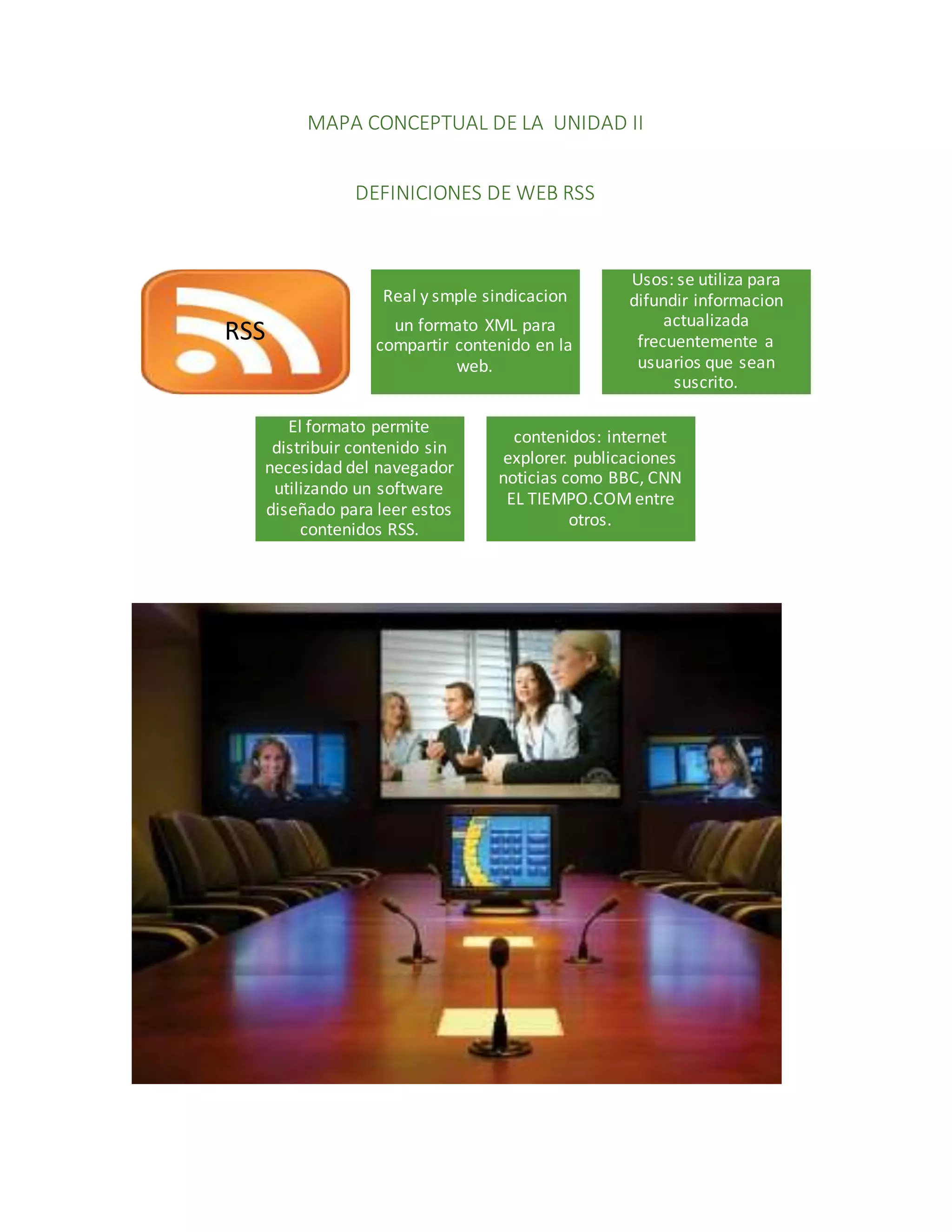 MAPA CONCEPTUAL DE LA UNIDAD II 
DEFINICIONES DE WEB RSS 
RSS 
Real y smple sindicacion 
un formato XML para 
compartir contenido en la 
web. 
Usos: se utiliza para 
difundir informacion 
actualizada 
frecuentemente a 
usuarios que sean 
suscrito. 
El formato permite 
distribuir contenido sin 
necesidad del navegador 
utilizando un software 
diseñado para leer estos 
contenidos RSS. 
contenidos: internet 
explorer. publicaciones 
noticias como BBC, CNN 
EL TIEMPO.COM entre 
otros. 
 