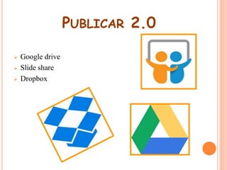 PUBLICAR 2.0 
 Google drive 
 Slide share 
 Dropbox 
 