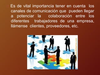 Es de vital importancia tener en cuenta los
canales de comunicación que pueden llegar
a potenciar la colaboración entre los
diferentes trabajadores de una empresa,
llámense clientes, proveedores, etc.
http://
blog.dataprius.com
 