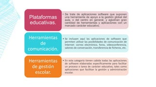 • Se trata de aplicaciones software que suponen
una herramienta de apoyo a la gestión global del
aula, o del centro en general, y aglutinan gran
cantidad de herramientas y aplicaciones con un
marcado carácter educativo.
Plataformas
educativas.
• Se incluyen aquí las aplicaciones de software que
permiten utilizar las posibilidades de comunicación de
Internet: correo electrónico, foros, videoconferencia,
salones de conversación, transferencia de ficheros, etc.
Herramientas
de
comunicación.
• En esta categoría tienen cabida todas las aplicaciones
de software elaboradas específicamente para facilitar
un proceso o tarea de carácter educativo, tales como
aplicaciones que facilitan la gestión y administración
escolar.
Herramientas
de gestión
escolar.
 