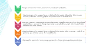 Juegos de
práctica y
resolución de
problemas
• Juegos para practicar verbos, lectoescritura, vocabulario y ortografía.
Juegos de
estrategia
• Aquellos juegos en los que para lograr un objetivo final el jugador debe utilizar determinados
recursos (materiales, humanos, poderes etc.) para alcanzar un resultado final.
Juegos de
rol
• Recrean espacios o situaciones de la vida real en las que el jugador asume un rol con determinadas
características y recursos. En el juego el personaje encarnado debe cumplir determinada función
en interacción con el entorno.
Juegos de
aventura
• Aquellos juegos en los que para lograr un objetivo final el jugador debe, en general a través de un
personaje que controla, superar diversos obstáculos.
Juegos de
simulación
• Son aquellos que simulan fenómenos ya sea naturales, físicos, sociales, políticos, económicos.
 