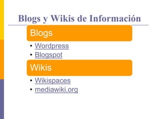Blogs y Wikis de Información
Blogs
• Wordpress
• Blogspot
Wikis
• Wikispaces
• mediawiki.org
 