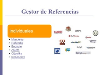 Gestor de Referencias
Individuales
• Mendeley
• Refworks
• Endnote
• Zotero
• Citeulike
• bibsonomy
 