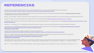 REFERENCIAS
Top 300 Tools for Learning 2021. (2021). TopTools for Learning 2021 2022 Top Tools for Learning will be published 29 Augus. Recuperado de
Top Tools for Learning 2021 – 2022 Top Tools for Learning will be published 29 August (toptools4learning.com)
Instituto para el futuro de la educación. (2020). Aprendizaje sincrónico y asincrónico: definición, ventajas y desventajas. Recuperado de https://observatorio.tec.mx/edu-
news/aprendizaje-sincronico-y-asincronico-definicion
Barrios, I., & Luisa Casadei, C. (2014). Promoviendo el uso de Google Drive como herramienta de trabajo colaborativo en la nube para estudiantes. Revista Eduweb, 8(1), 43-56.
Dropbox. (s.f). Recursos. Artículos, publicaciones en blogs y estudios de casos. Recuperado de Página de descripción general de recursos - Dropbox
Econsultoria. (2021). 7 mejores herramientas de almacenamiento en la nube gratis. [Recuperado en un blog]. Recuperado de 7 mejores herramientas de almacenamiento en la nube
gratis (econsultoria.net)
Gregorio, D. I. A., & Valencia, R. E. C. Los Dispositivos de Almacenamiento en la Nube, una herramienta de Acompañamiento para el Estudiante Universitario.
Herramientas en la nube(2019)¿Qué es Onedrive? Ventajas y desventajas de esta herramienta en la nube?.Recuperado de https://herramientasenlanube.com/que-es-
onedrive/#:~:text=Permite%20el%20trabajo%20en%20grupo,en%20proyectos%2C
%20investigaciones%2C%20etc.
SharePoint Server (2019).¿Qué es OneDrive profesional o educativo?.Recuperado de
https://support.microsoft.com/es-es/office/-qu%C3%A9-es-onedrive-profesional-o-educativo-187f90af-056f-47c0-9656-cc0ddca7fdc2
Dallos, A. R. L. (2018). Presentación, Política Editorial, Hoja Bandera, Tabla de Contenido, Indicaciones para la presentación de artículos. Revista Docencia
Universitaria, 19(2), 1-17. Universidad Pablo de Olavide.(s.f) Procesadores de texto.Recuperado de
https://rio.upo.es/xmlui/bitstream/handle/10433/9028/Procesadores%20de%20texto
%20.pdf?sequence=1&isAllowed=y
Universidad Autónoma de Occidente (2021) Cómo usar Word para trabajos de grado y proyectos.Recuperado de https://uao.libguides.com/c.php?g=529792&p=3651617
Zurita-Altamirano, J., Medina-Chicaiza, P., Sailema-Torres, M., Quispe-García, J., Montesinos-López, O. A., Franco-Pérez, E., .& Castillo, L. A. F. Tabla de contenidos.
Dallos, A. R. L. (2018). Presentación, Política Editorial, Hoja Bandera, Tabla de Contenido, Indicaciones para la presentación de artículos. Revista Docencia Universitaria, 19(2), 1-17.
 