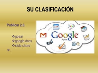SU CLASIFICACIÓN
Publicar 2.0.
goear
google docs
slide share
.
 