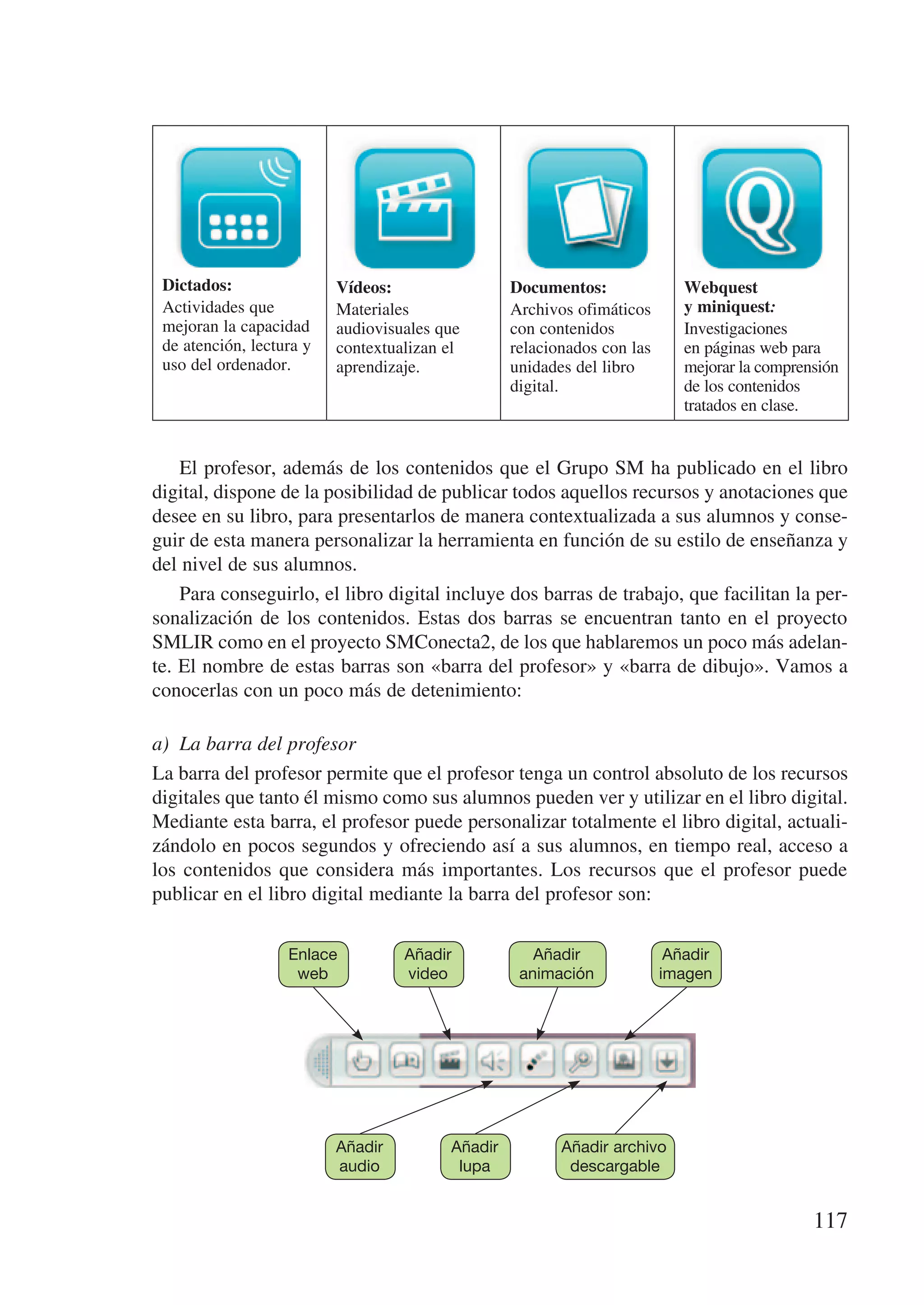 Dictados:                Vídeos:                 Documentos:               Webquest
 Actividades que          Materiales              Archivos ofimáticos       y miniquest:
 mejoran la capacidad     audiovisuales que       con contenidos            Investigaciones
 de atención, lectura y   contextualizan el       relacionados con las      en páginas web para
 uso del ordenador.       aprendizaje.            unidades del libro        mejorar la comprensión
                                                  digital.                  de los contenidos
                                                                            tratados en clase.


    El profesor, además de los contenidos que el Grupo SM ha publicado en el libro
digital, dispone de la posibilidad de publicar todos aquellos recursos y anotaciones que
desee en su libro, para presentarlos de manera contextualizada a sus alumnos y conse-
guir de esta manera personalizar la herramienta en función de su estilo de enseñanza y
del nivel de sus alumnos.
    Para conseguirlo, el libro digital incluye dos barras de trabajo, que facilitan la per-
sonalización de los contenidos. Estas dos barras se encuentran tanto en el proyecto
SMLIR como en el proyecto SMConecta2, de los que hablaremos un poco más adelan-
te. El nombre de estas barras son «barra del profesor» y «barra de dibujo». Vamos a
conocerlas con un poco más de detenimiento:

a)	 La barra del profesor
La barra del profesor permite que el profesor tenga un control absoluto de los recursos
digitales que tanto él mismo como sus alumnos pueden ver y utilizar en el libro digital.
Mediante esta barra, el profesor puede personalizar totalmente el libro digital, actuali-
zándolo en pocos segundos y ofreciendo así a sus alumnos, en tiempo real, acceso a
los contenidos que considera más importantes. Los recursos que el profesor puede
publicar en el libro digital mediante la barra del profesor son:

                   Enlace          Añadir            Añadir               Añadir
                    web            video           animación             imagen




                          Añadir         Añadir          Añadir archivo
                          audio           lupa            descargable


                                                                                              117
 