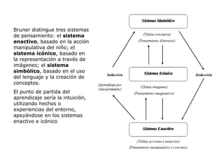 Bruner distingue tres sistemas
de pensamiento: el sistema
enactivo, basado en la acción
manipulativa del niño; el
sistema icónico, basado en
la representación a través de
imágenes; el sistema
simbólico, basado en el uso
del lenguaje y la creación de
conceptos.
El punto de partida del
aprendizaje sería la intuición,
utilizando hechos o
experiencias del entorno,
apoyándose en los sistemas
enactivo e icónico
 