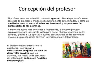 Concepción del profesor
El profesor debe ser entendido como un agente cultural que enseña en un
contexto de prácticas y medios socioculturalmente determinados, y como un
mediador esencial entre el saber sociocultural y los procesos de
apropiación de los alumnos.
A través de actividades conjuntas e interactivas, el docente procede
promoviendo zonas de construcción para que el alumno se apropie de los
saberes, gracias a sus aportes y ayudas estructurados en las actividades
escolares siguiendo cierta dirección intencionalmente determinada.



El profesor deberá intentar en su
enseñanza, la creación y
construcción conjunta de zona de
desarrollo próximo con los
alumnos, por medio de la estructura
de sistemas de andamiaje flexibles
y estratégicos.
 