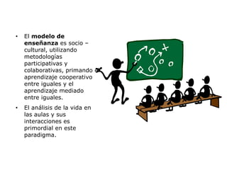•   El modelo de
    enseñanza es socio –
    cultural, utilizando
    metodologías
    participativas y
    colaborativas, primando el
    aprendizaje cooperativo
    entre iguales y el
    aprendizaje mediado
    entre iguales.
•   El análisis de la vida en
    las aulas y sus
    interacciones es
    primordial en este
    paradigma.
 