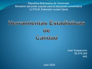 Republica Bolivariana de Venezuela
Ministerio del poder popular para la educación universitaria
I.U.P.S.M. Extensión ciudad Ojeda
Juan Guaparumo
26.578.309
#45
Julio 2020
 