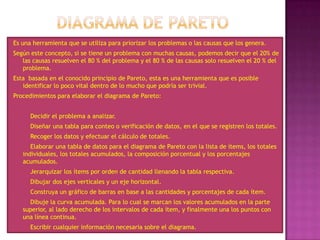Es una herramienta que se utiliza para priorizar los problemas o las causas que los genera.
Según este concepto, si se tiene un problema con muchas causas, podemos decir que el 20% de
   las causas resuelven el 80 % del problema y el 80 % de las causas solo resuelven el 20 % del
   problema.
Esta basada en el conocido principio de Pareto, esta es una herramienta que es posible
   identificar lo poco vital dentro de lo mucho que podría ser trivial.
Procedimientos para elaborar el diagrama de Pareto:


•     Decidir el problema a analizar.
•     Diseñar una tabla para conteo o verificación de datos, en el que se registren los totales.
•     Recoger los datos y efectuar el cálculo de totales.
•      Elaborar una tabla de datos para el diagrama de Pareto con la lista de ítems, los totales
    individuales, los totales acumulados, la composición porcentual y los porcentajes
    acumulados.
•     Jerarquizar los ítems por orden de cantidad llenando la tabla respectiva.
•     Dibujar dos ejes verticales y un eje horizontal.
•     Construya un gráfico de barras en base a las cantidades y porcentajes de cada ítem.
•     Dibuje la curva acumulada. Para lo cual se marcan los valores acumulados en la parte
    superior, al lado derecho de los intervalos de cada ítem, y finalmente una los puntos con
    una línea continua.
•     Escribir cualquier información necesaria sobre el diagrama.
 