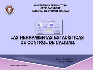 UNIVERSIDAD FERMIN TOROUNIVERSIDAD FERMIN TORO
SEDE CABUDARESEDE CABUDARE
CÁTEDRA: GESTIÓN DE CALIDADCÁTEDRA: GESTIÓN DE CALIDAD
Alumna: Tibisay Martínez A.
C.I. N.°. 12.112.139.
Prof. Bárbara Vásquez
 