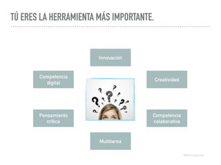 TÚ ERES LA HERRAMIENTA MÁS IMPORTANTE.
Competencia
digital
Competencia
colaborativa
Creatividad
Pensamiento
crítico
Multitarea
Innovación
@dchicapardo
 
